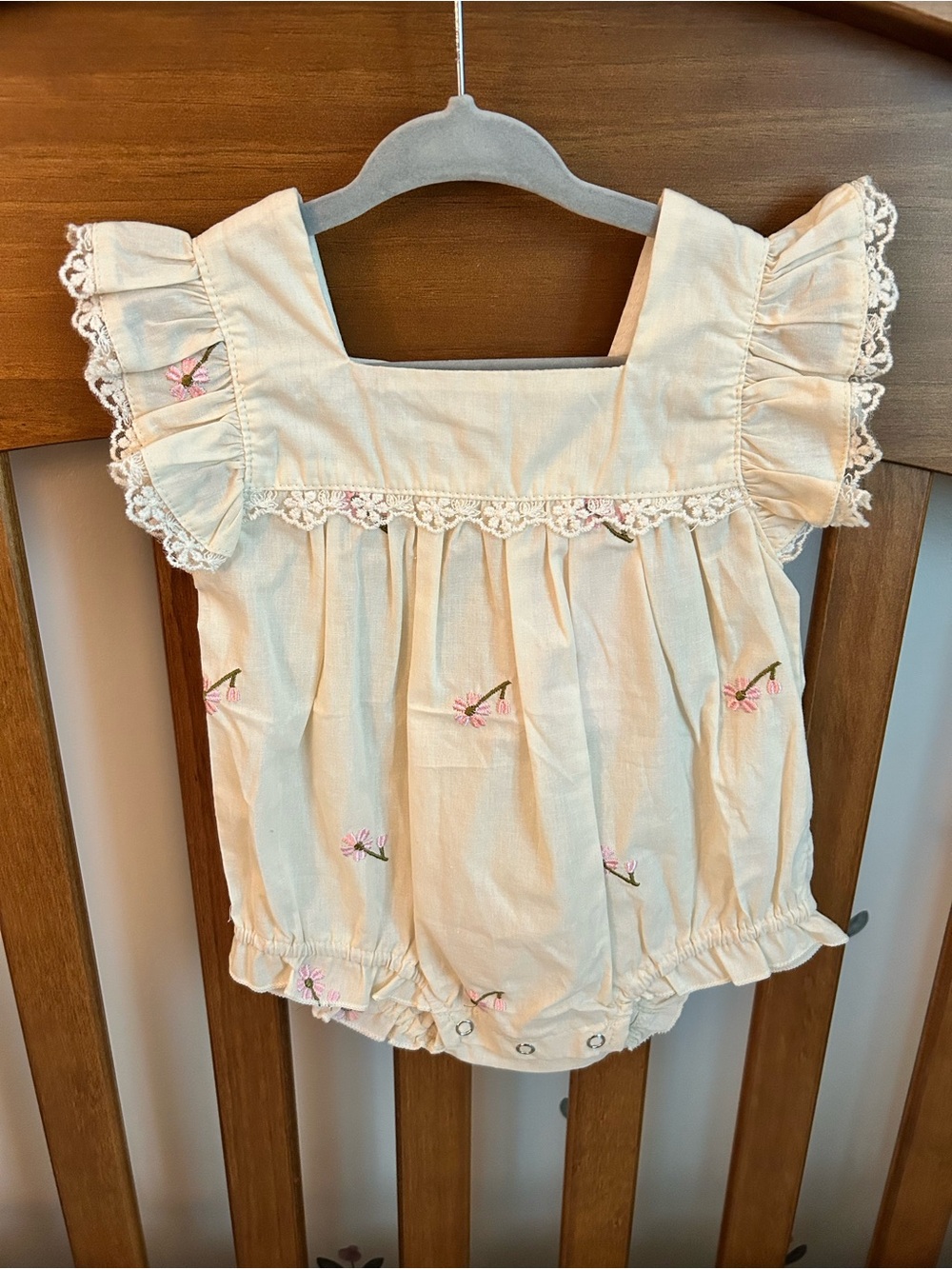 Cream Floral Lace Baby Boutique Bubble Romper